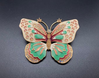 Vintage KJL Jadeite Green Enamel and Rhinestone Butterfly Brooch