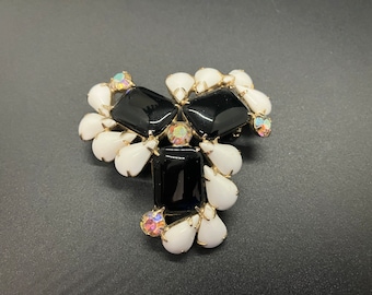 Vintage Black and White Milk Glass and Rhinestone Brooch