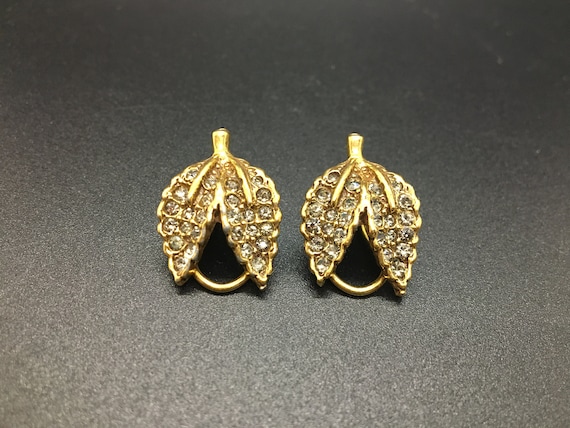 Vintage Goldette Rhinestone Leaf Earrings - image 2