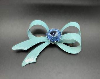 Vintage Enamel Rhinestone Baby Blue Bow Brooch