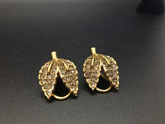 Vintage Goldette Rhinestone Leaf Earrings - image 3