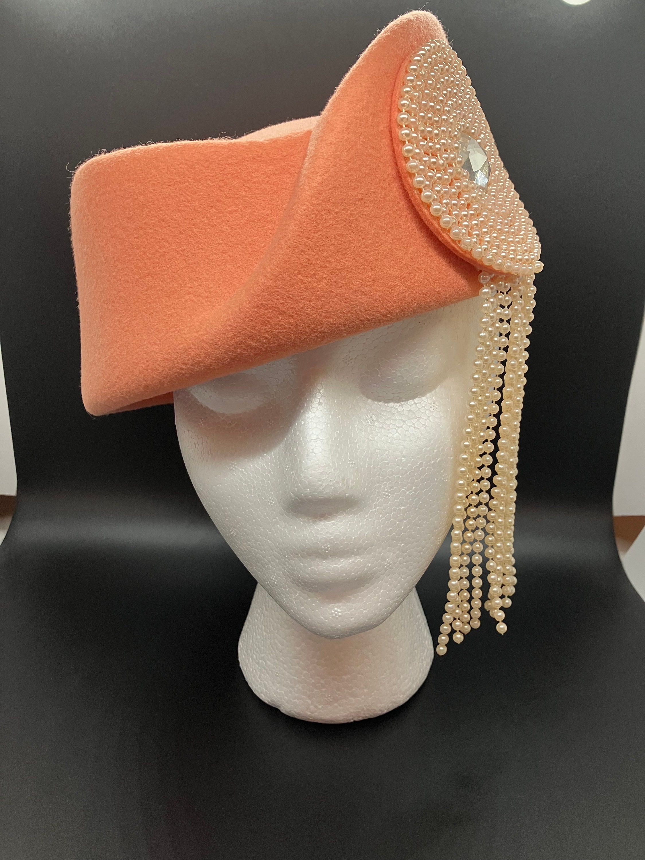 Vintage Wool Pale Peach Hat With Pearl and Rhinestone Accent 