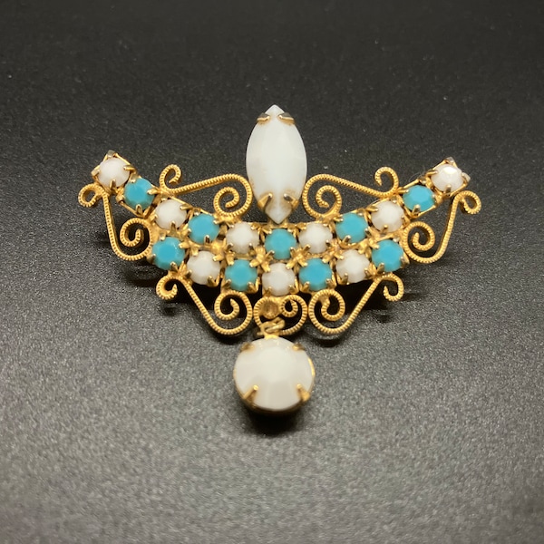 Vintage Turquoise and White Milk Glass Brooch