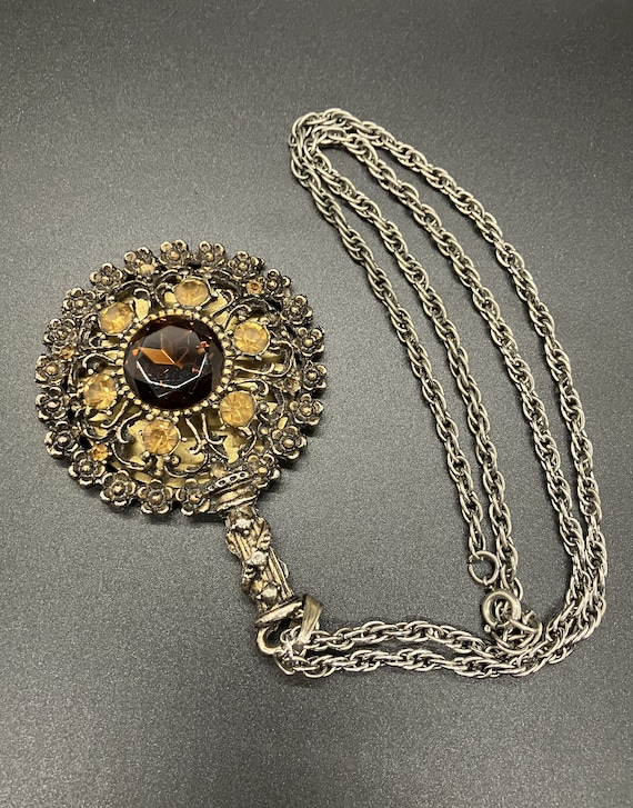 Vintage Rhinestone Hand Mirror Pendant Necklace - image 1