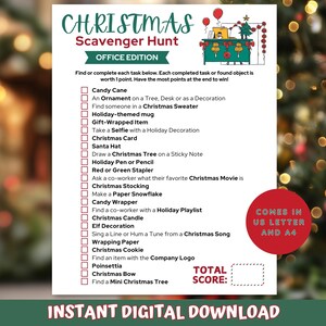 May include: A printable Christmas scavenger hunt game for the office. The game includes a list of 20 tasks to complete, such as finding a Christmas ornament, taking a selfie with a holiday decoration, or singing a Christmas song. The game comes in US Letter and A4 sizes.