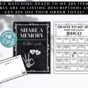 K&ouml;nnte beinhalten: Ein schwarz-wei&szlig;es Party-Papeterie-Set mit einer Share a Memory-Karte, einem Death to My 20s Bingo-Spiel und einer Erinnerungskarte. Die Designs zeigen Skeletthand-Grafiken, Herzballons mit der Zahl 30 und Totenkopf-Rahmenakzente.