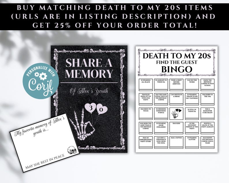 K&ouml;nnte beinhalten: Ein schwarz-wei&szlig;es Party-Papeterie-Set mit einer Share a Memory-Karte, einem Death to My 20s Bingo-Spiel und einer Erinnerungskarte. Die Designs zeigen Skeletthand-Grafiken, Herzballons mit der Zahl 30 und Totenkopf-Rahmenakzente.