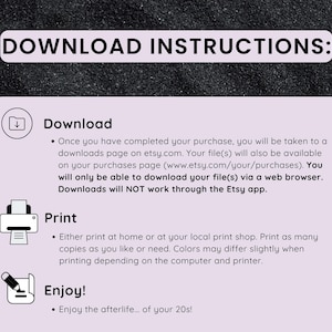 K&ouml;nnte beinhalten: Eine hellviolette Infografik mit schwarzem Text unter der &Uuml;berschrift DOWNLOAD INSTRUCTIONS. Sie enth&auml;lt drei Abschnitte: Download, Print und Enjoy, jeweils mit einem entsprechenden Symbol f&uuml;r einen Ordner, einen Drucker und einen Stift.