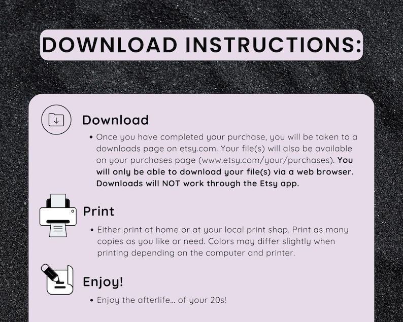 K&ouml;nnte beinhalten: Eine hellviolette Infografik mit schwarzem Text unter der &Uuml;berschrift DOWNLOAD INSTRUCTIONS. Sie enth&auml;lt drei Abschnitte: Download, Print und Enjoy, jeweils mit einem entsprechenden Symbol f&uuml;r einen Ordner, einen Drucker und einen Stift.