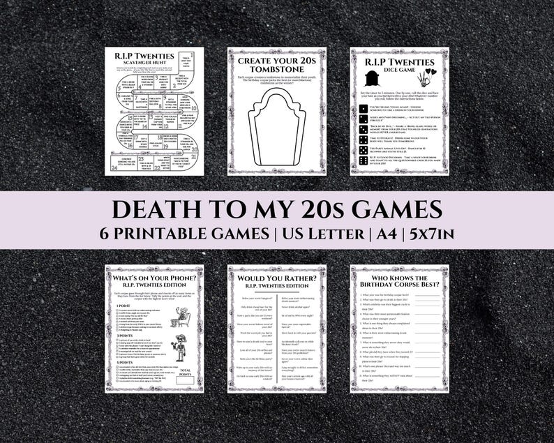 K&ouml;nnte beinhalten: Ein Set aus sechs druckbaren Partyspielen mit dem Titel Death to My 20s Games, darunter R.I.P. Twenties Scavenger Hunt, Create Your 20s Tombstone, R.I.P. Twenties Dice Game, What's on Your Phone, Would You Rather und Who Knows the Birthday Corpse Best.