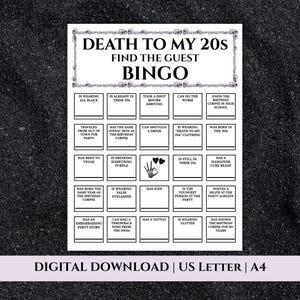 Pode incluir: Um cartão de jogo retangular branco intitulado Death To My 20s Find The Guest Bingo com uma borda de caveiras. A grade contém vinte e cinco quadrados com textos e um quadrado central com uma mão esquelética segurando dois balões de coração.