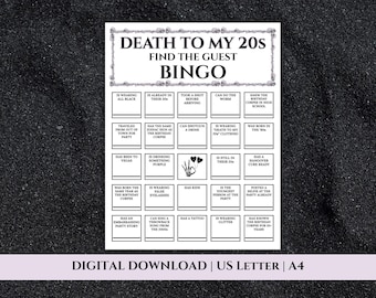 Death to My 20s Finde den Gast Bingo, RIP Twenties Spiele, Beerdigung für meine Jugendaktivitäten, 30. Geburtstag Party Spiele, Finde jemanden, der Bingo