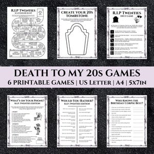 Könnte beinhalten: Sechs druckbare Spiele für eine 20. Geburtstagsparty. Die Spiele sind thematisch rund um den Tod und beinhalten eine Schnitzeljagd, ein Würfelspiel, ein Grabsteindesigns, ein "Was ist auf deinem Handy"-Spiel, ein "Würdest du lieber"-Spiel und ein "Wer kennt die Geburtstagsleiche am besten"-Spiel. Die Spiele sind auf weißem Papier mit schwarzer Tinte gedruckt.