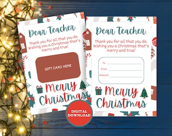 Peut inclure: Modèle de carte-cadeau de Noël imprimable pour les enseignants. Le modèle présente une maison rouge et blanche, des cannes en sucre, du houx et un sapin de Noël. Le texte dit "Cher professeur. Merci pour tout ce que vous faites. Je vous souhaite un Noël joyeux et vrai !" et "Joyeux Noël".
