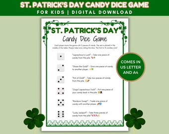 St Patrick's Day Candy Dice Game, Printable St Patrick's Day Activity for Kids, St Patrick's Day Classroom Game, School Party Activity