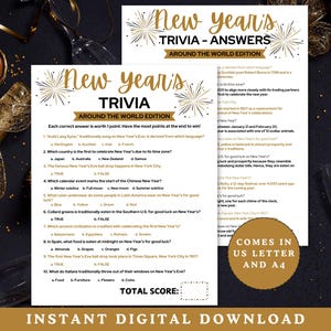 Printable New Year&#39;s Trivia and Answers | New Year&#39;s Trivia - Around the World Edition | Printable New Year&#39;s Trivia in US Letter & A4