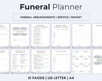 Puede incluir: Un planificador de funerales imprimible de 21 páginas, que incluye secciones para arreglos funerarios, detalles del servicio, presupuesto, notas y recordatorios. El planificador tiene un diseño floral azul y blanco.