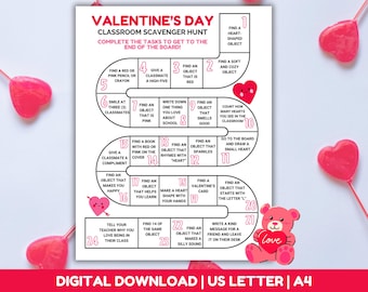 Valentine's Day Classroom Scavenger Hunt, Valentine's Day Activity for Kids, Valentine's Day Classroom Party Game, Printable Game for Kids
