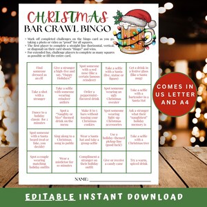 Bingo de Natal editável | Bingo de Natal em Carta dos EUA e A4 | Caça ao tesouro de Natal em Bar Crawl