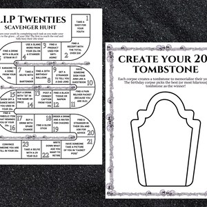 K&ouml;nnte beinhalten: Zwei wei&szlig;e Papierb&ouml;gen mit schwarzem Text und Grafiken. Der linke Bogen ist ein R.I.P Twenties Schnitzeljagd-Spielbrett mit 24 nummerierten Aufgaben. Der rechte Bogen zeigt eine Create Your 20s Tombstone Aktivit&auml;t mit einem Grabstein-Umriss.