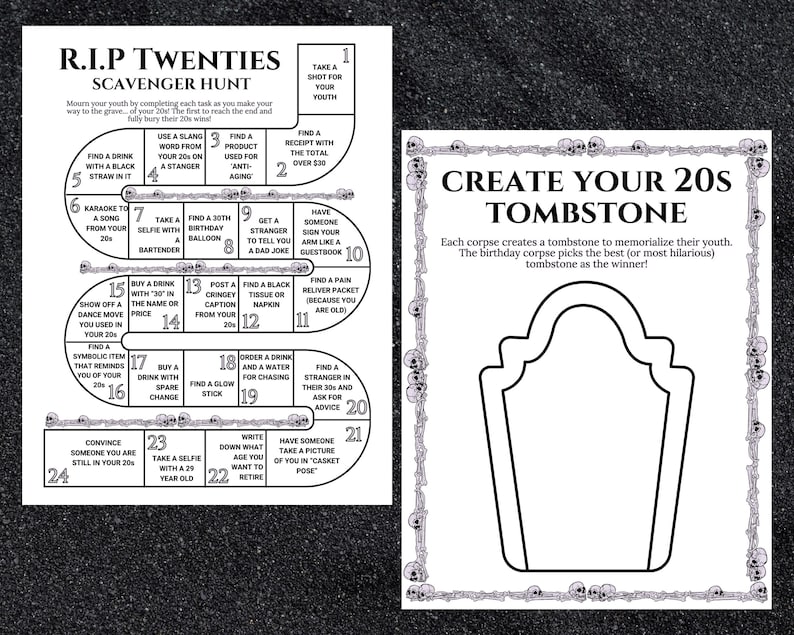 K&ouml;nnte beinhalten: Zwei wei&szlig;e Papierb&ouml;gen mit schwarzem Text und Grafiken. Der linke Bogen ist ein R.I.P Twenties Schnitzeljagd-Spielbrett mit 24 nummerierten Aufgaben. Der rechte Bogen zeigt eine Create Your 20s Tombstone Aktivit&auml;t mit einem Grabstein-Umriss.