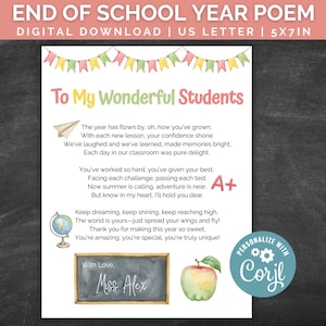 Poema de fin de curso editable, regalo de fin de curso para estudiantes, regalo de maestro a estudiante, carta a estudiantes, carta para el último día de clases