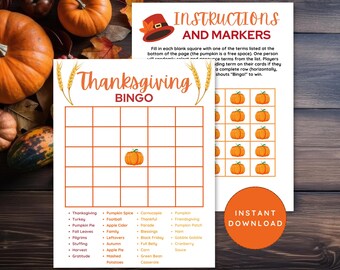 May include: Printable Thanksgiving Bingo game with a list of Thanksgiving-themed words and a bingo card with a pumpkin in the center. The game includes instructions and markers.  INSTANT DOWNLOAD.