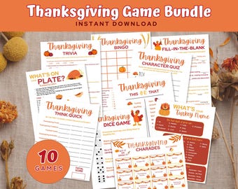 May include: A set of 10 printable Thanksgiving game cards featuring various themes like trivia, bingo, fill-in-the-blank, character quiz, this or that, think quick, dice game, what's your turkey name, and charades. The cards are decorated with fall colors and images of turkeys, pumpkins, and leaves.