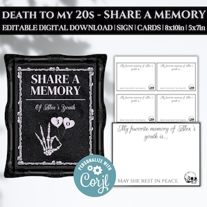 Panneau modifiable Mort à 20 ans Partagez un souvenir et des cartes, plaque Funeral for My Youth, jeu RIP des années 20, activité et décoration pour le 30e anniversaire