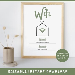 Letrero de contraseña de wifi / Plantilla de letrero de contraseña de wifi editable en tamaño carta de EE. UU. y A4 / Plantilla de letrero de wifi editable en Corjl / Letrero de wifi minimalista