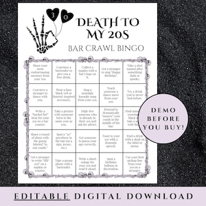 Bingo tournée des bars Death to my 20s, Bingo tournée des bars du 30e anniversaire modifiable, Chasse au trésor pour adultes Death to my 20 ans, Bingo tournée des bars du 30e anniversaire