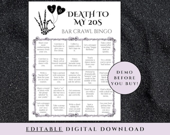 Death to my 20s Bar Crawl Bingo, Editable 30th Birthday Bar Crawl Bingo, Death to my 20s Adult Scavenger Hunt, 30th Birthday Pub Crawl Bingo