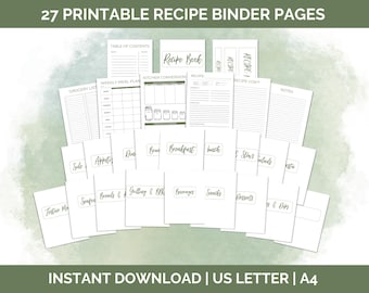 May include: A set of 27 printable recipe binder pages in black and white with a green watercolor background. The pages include a table of contents, grocery list, weekly meal plan, kitchen conversion chart, recipe pages, and dividers for different categories of recipes.