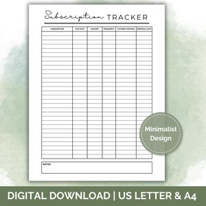 Subscription Tracker | Printable Subscription Tracker| PDF Annotation Subscription List | Subscription Tracker Insert for Budget Planner