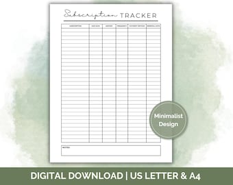 Subscription Tracker | Printable Subscription Tracker| PDF Annotation Subscription List | Subscription Tracker Insert for Budget Planner