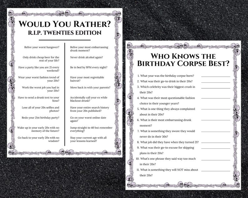 K&ouml;nnte beinhalten: Zwei wei&szlig;e rechteckige Spielkarten mit schwarzem Text und einem Rand aus Totenk&ouml;pfen und Knochen. Die linke Karte tr&auml;gt den Titel Would You Rather? R.I.P. Twenties Edition, die rechte Who Knows The Birthday Corpse Best? mit nummerierten Zeilen.