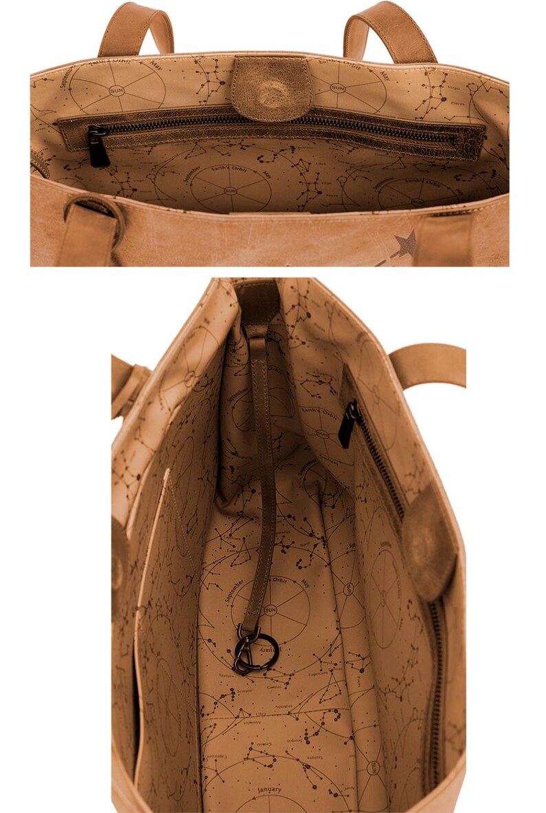 K&ouml;nnte beinhalten: Eine braune Ledertasche mit Sternendesign und einer Rei&szlig;verschlusstasche. Das Innere der Tasche ist mit einem Konstellationsdruck ausgekleidet.