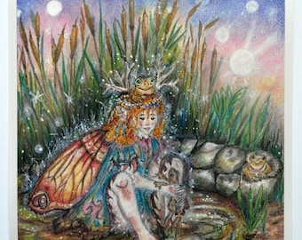 Art Print of fairy princess playing with frogs called "Frog Fairy Princess", wall decor, home living, art and collectables