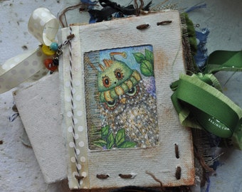 Whimsical Blank Junk Journal Made From Recycled Handmade Papers With Original Mini Painting of Cute Owl in stockingcap.