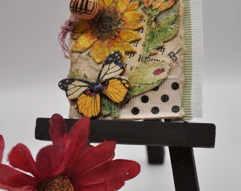 Original artist mini collage, mini trading card of sunflowers with a black easel