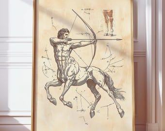 Boogschutter dierenriem kunst aan de muur, Centaur Archer vintage anatomische schets print, mythologisch wezen poster, oude Griekse mythologie tekening