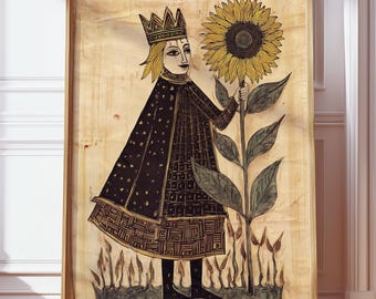 Middeleeuwse zonnebloemkoning print, donkere academische muurkunst, folklore illustratie poster, mystieke zonnekoning tekening, vintage tarotstijl kunst