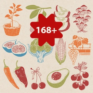 168+ Frukt Grönsak SVG Bundle, Träsnitt Botanisk Grafik, Vintage Rustik Bondens Marknad Clipart, Handritad Trädgårdsuppsättning