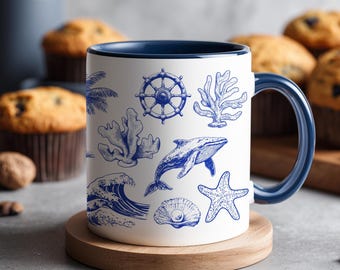 Tazza nautica vintage, tazza da caffè retrò con vita marina, decorazione costiera blu, tazza da tè a tema oceano, regalo estivo, schizzo di biologia marina, regalo da marinaio