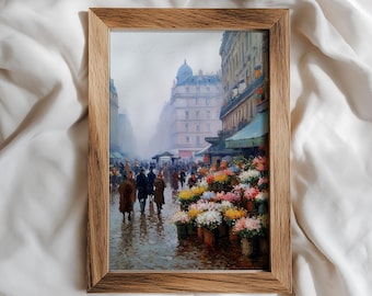 Vintage Parijs olieverfschilderij, Franse bloemenmarkt print, regenachtig straatbeeld kunst aan de muur, impressionistisch Europees stadsgezicht, romantische humeurige poster