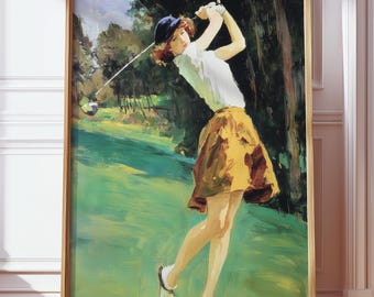 Arte murale vintage raffigurante una golfista degli anni '20, decorazione estetica in stile antico, illustrazione sportiva antica, dipinto di una golfista, download digitale