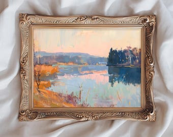 Dipinto a olio di paesaggi naturali, poster di laghi di campagna, arte del tramonto in stile cottage, stampa di paesaggi antichi, opere d'arte di vita lenta