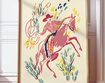 Trendy westelijke muurkunst, abstracte paardtekening, kleurrijke cowboyposter, retro eclectisch decor, kunst paardenkwekerij, bucking bronco print