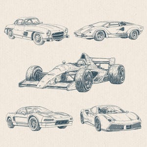 May include: A collection of six vintage and modern car illustrations in a detailed, pen-and-ink style. The vehicles include a classic coupe, a sports car, a race car, and other luxury models, all rendered in shades of gray on a textured background.