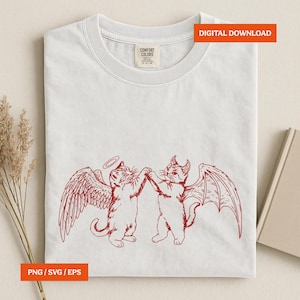 Vintage PNG EPS SVG Angel Demon Cat, Classic Old School Rustic Kitten Design, Hand Drawn Cute Funny Cats, 90s Pet Art, Digital Download